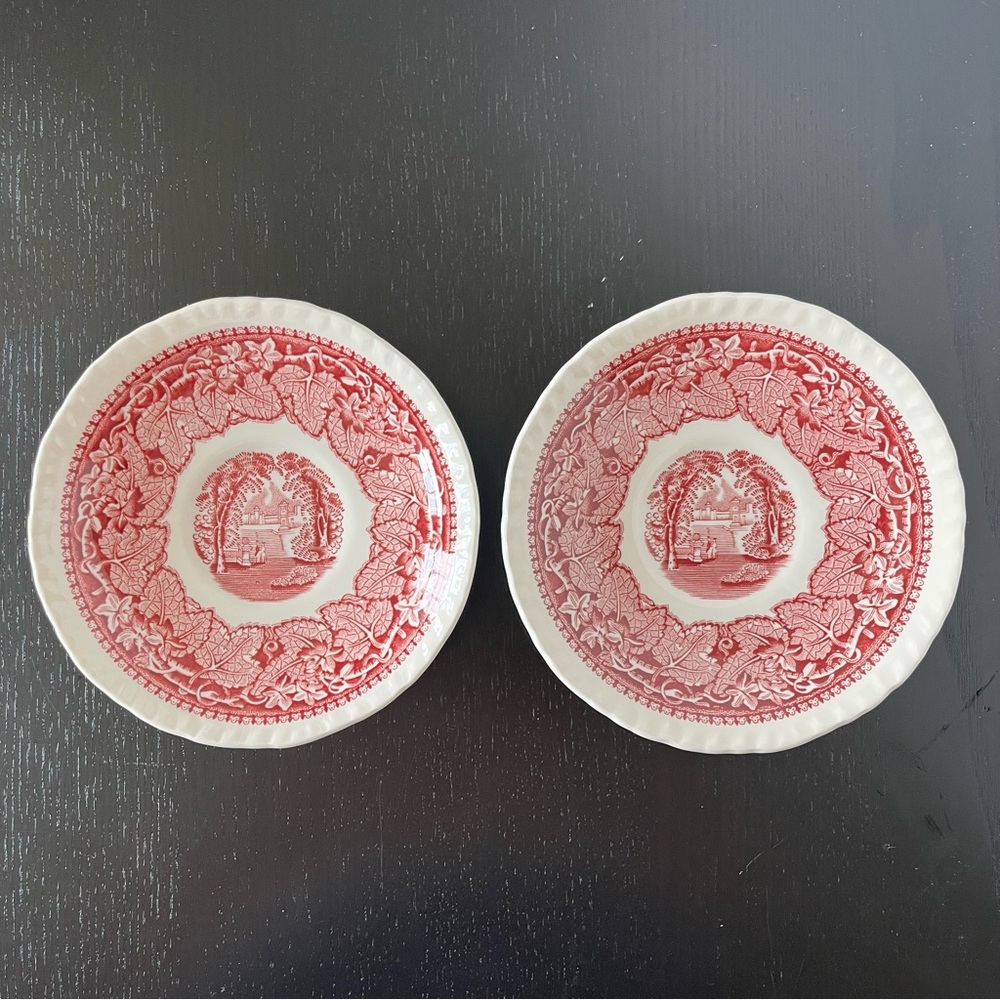 VTG Mason's Vista Red Pink White England Saucers Ironstone Set of 2 VGUC